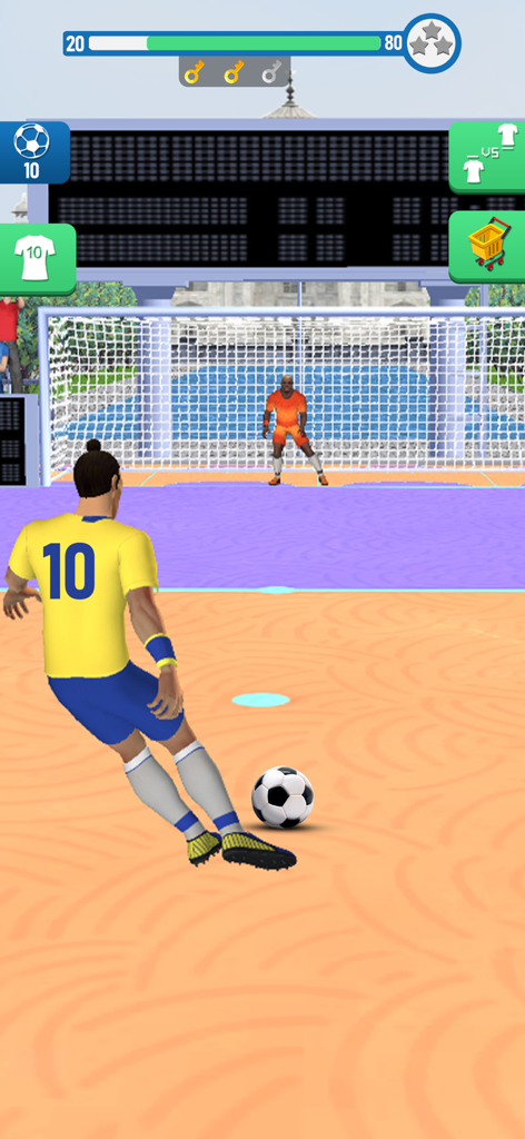 Soccer Kickoff! Football Game - Un futbolista con camiseta amarilla se prepara para lanzar un penalti contra un portero en Saque de Inicio del Fútbol.