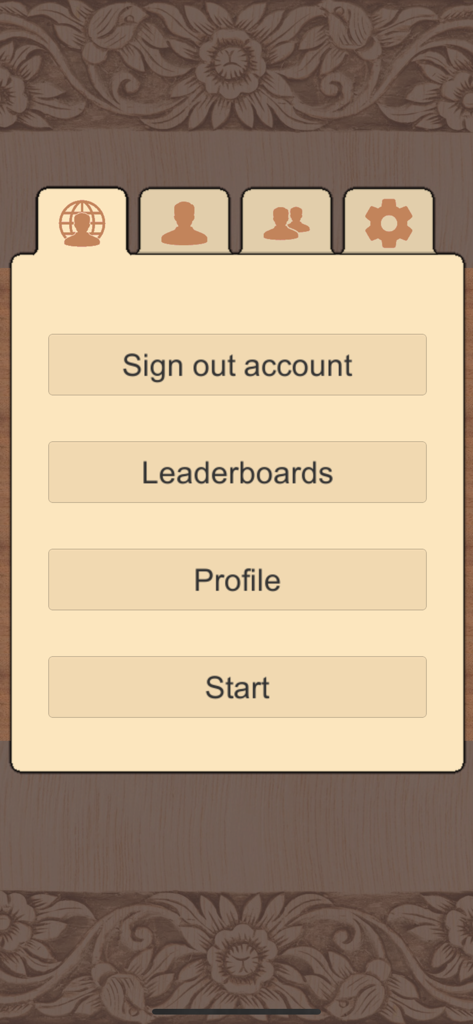 Main menu screen of the Checkers Online app featuring options for leaderboards profile and starting a game