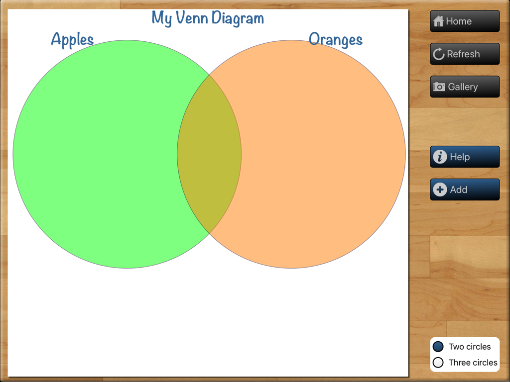 Teaching Graphs - Interfaz de la aplicación Teaching Graphs para crear un diagrama de Venn con dos círculos superpuestos etiquetados como Manzanas y Naranjas.