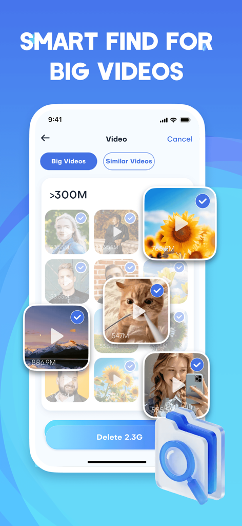 Interfaz de la aplicación Super Cleaner que muestra una lista de vídeos grandes seleccionados para su eliminación para liberar espacio de almacenamiento.