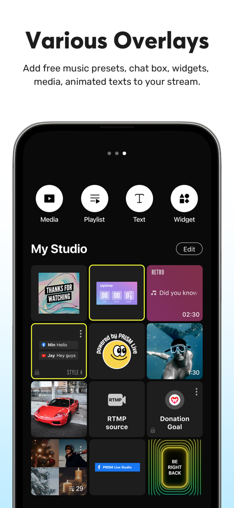 PRISM: Live Streaming App - Interface of PRISM Live Streaming App showing various overlays including chat widgets and donation goals