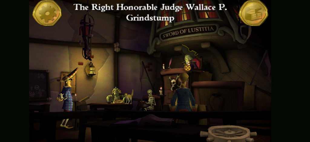 Guybrush Threepwood enfrentándose al juez Wallace P. Grindstump en una escena de sala de tribunal de Tales of Monkey Island.