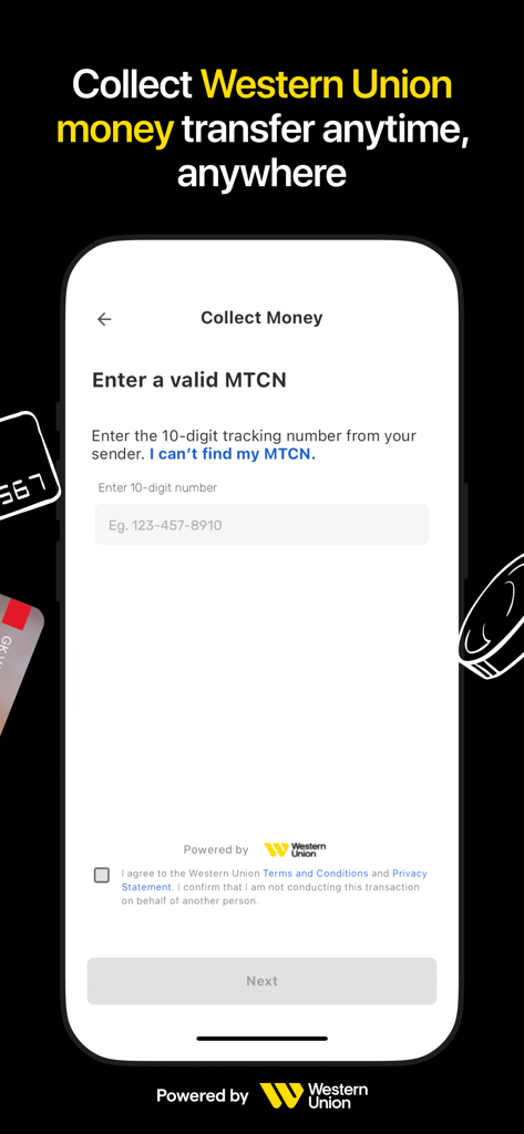 GK One - Interfaz de la aplicación móvil GK One para cobrar remesas de Western Union ingresando un número MTCN