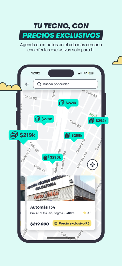 R5: SOAT, Multas, Tecno y más - Map view of the R5 app showing exclusive prices for vehicle technical inspections in Colombia