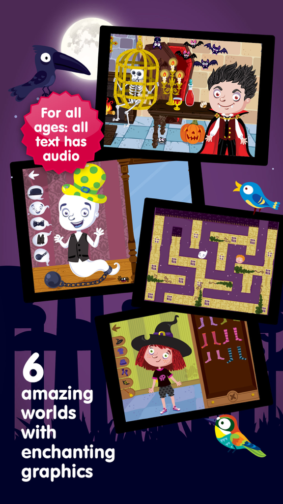 Planet Halloween – Games and Dress up for kids - 뱀파이어 캐릭터, 유령 꾸미기, 미로, 마녀 캐릭터를 보여주는 플래닛 할로윈 앱 어린이 플레이 미리 보기 스크린샷