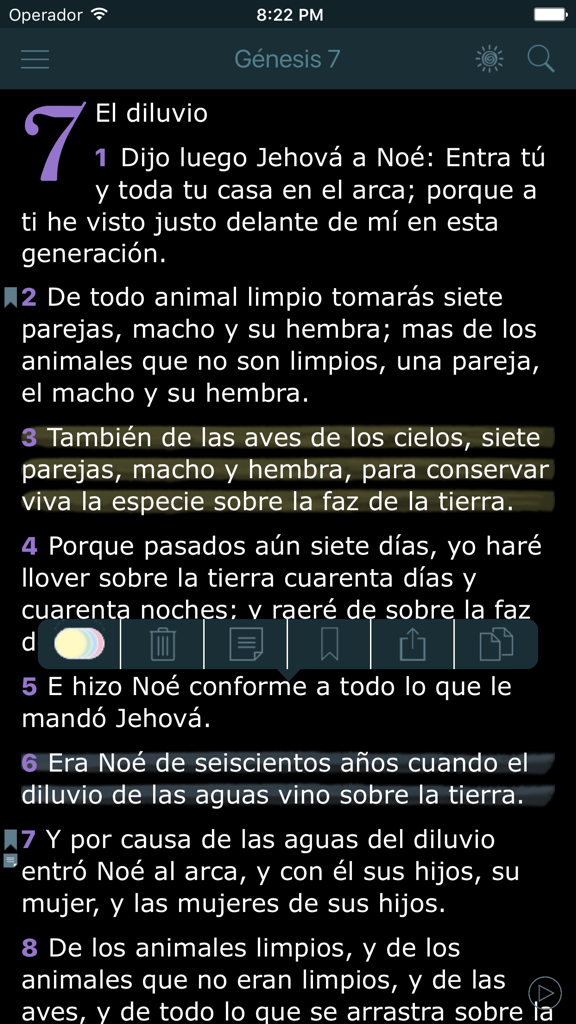 Reading interface of the Spanish Reina Valera Bible app in dark mode showing Genesis chapter 7.