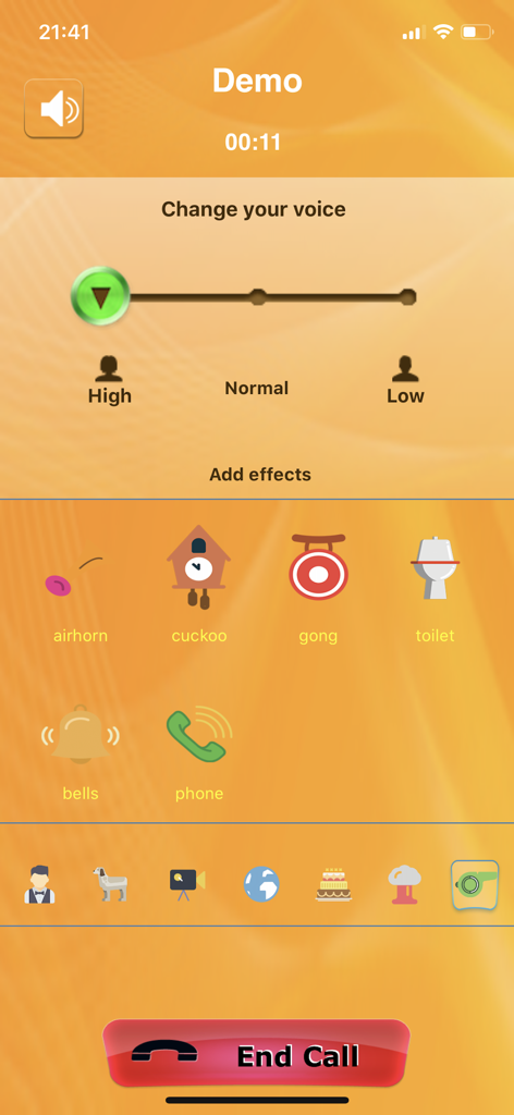 Fun Phone Call - IntCall - User interface of the Fun Phone Call app showing voice pitch adjustment and prank sound effects during a call.