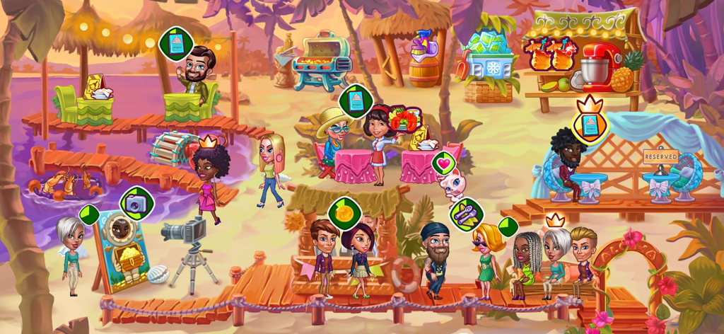 Cafe Dash: Dinner at the Diner - Gameplay screenshot showing a waitress serving customers at a tropical beach cafe with a cute cat and colorful characters.
