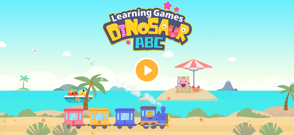 Startbildschirm der Dinosaur ABC-App mit einem Dinosaurier, der einen Buchstabenzug am Strand fährt.
