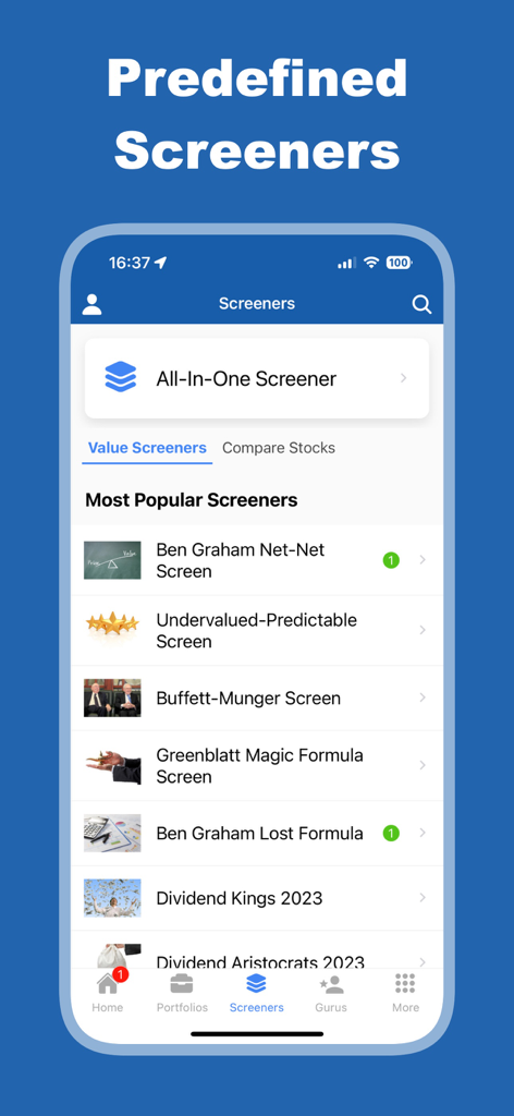 GuruFocus - Aplicativo GuruFocus mostrando rastreadores de investimento em valor predefinidos, como as fórmulas Buffett-Munger e Ben Graham