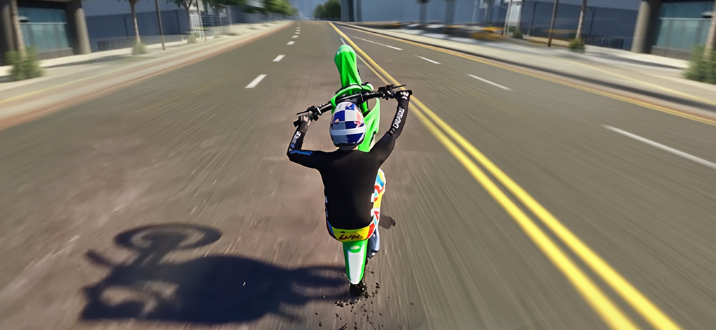 Wheelie Moto Bike Life Game - Un piloto realizando un caballito en una motocicleta verde en una calle de la ciudad durante el juego