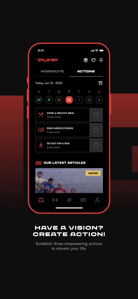 Daily actions and habit tracker interface in the Pump Club fitness app