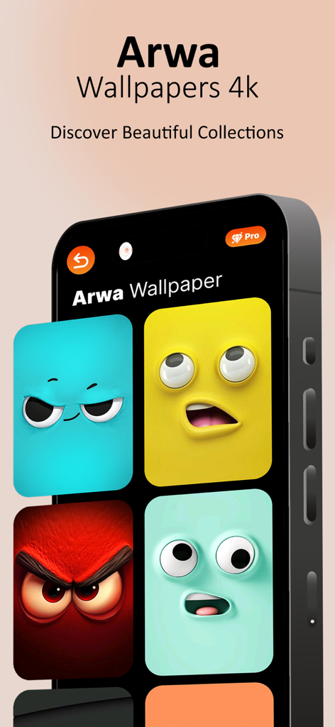 Arwa Wallpaper - Arwa Wallpaper 4k app interface showing a collection of colorful animated silly face backgrounds for iPhone