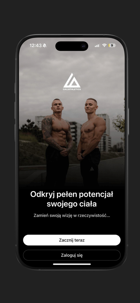 Caliathletics - Pantalla de bienvenida de la aplicación Caliathletics con dos hombres musculosos y el logo de la marca