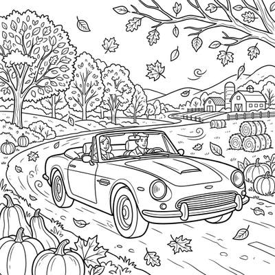 Embrace the crisp air and vibrant colors of fall with this charming coloring page featuring a convertible car. Join two happy travelers on a scenic drive through a picturesque autumn landscape filled with classic seasonal elements.