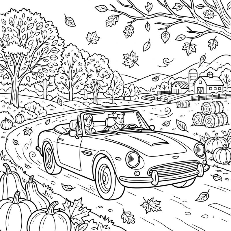Embrace the crisp air and vibrant colors of fall with this charming coloring page featuring a convertible car. Join two happy travelers on a scenic drive through a picturesque autumn landscape filled with classic seasonal elements.