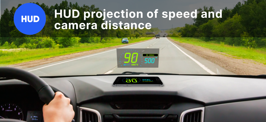 Projeção Head-up display da velocidade atual e distância até a câmera de velocidade mais próxima em um para-brisa de carro