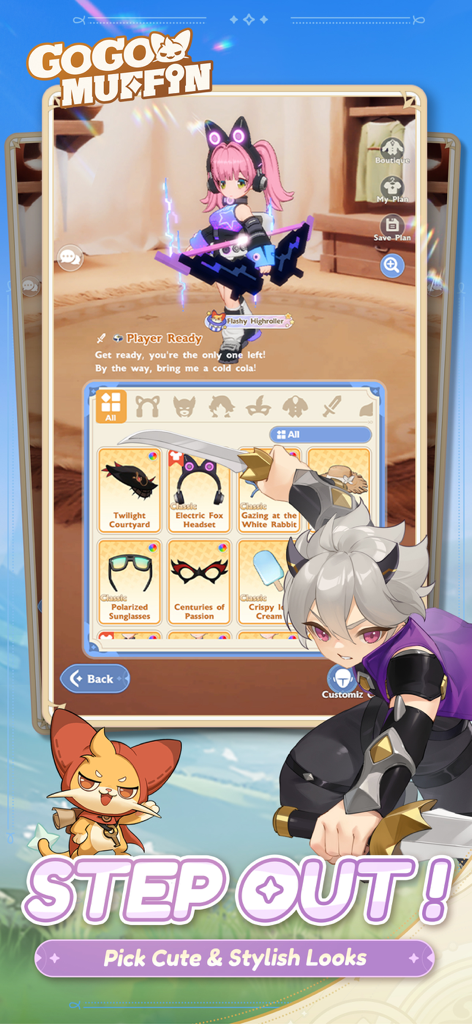 Go Go Muffin - Go Go Muffin character customization screen showing various cute and stylish outfits and accessories.