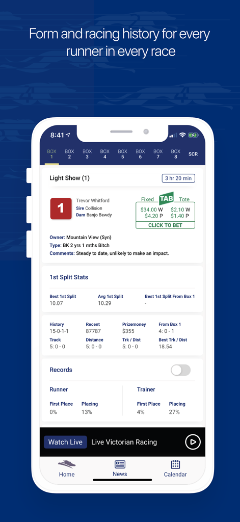 Watchdog - Watchdog app interface showing detailed greyhound racing form and runner history including split stats and win percentages.