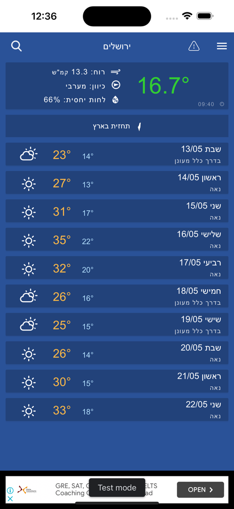 A 10-day weather forecast for Jerusalem on the Weather2day Israel app interface
