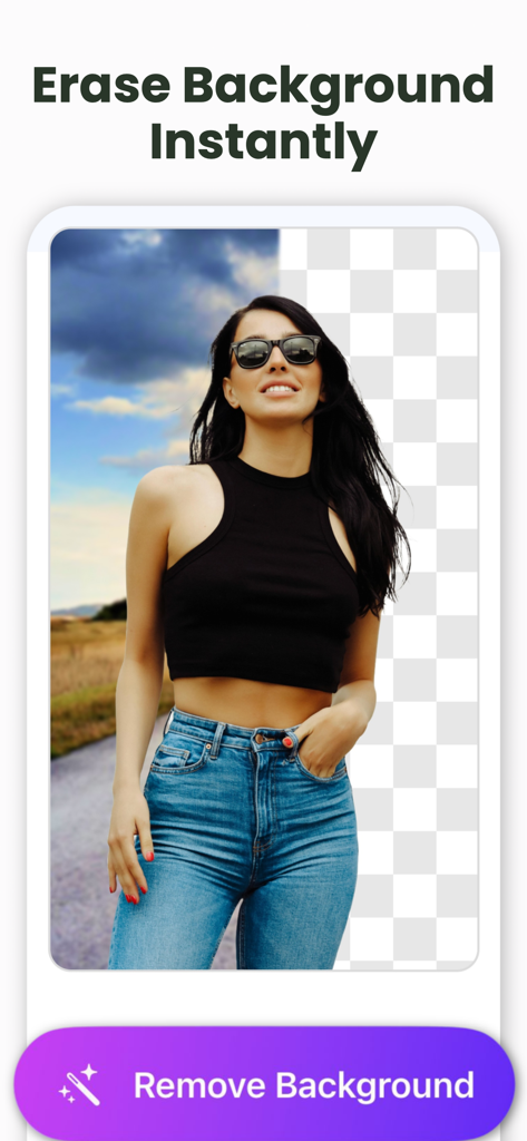 Photo Background Remover AI - Screenshot of the Photo Background Remover AI app showing a woman's portrait with the background being erased to a transparent checkerboard.