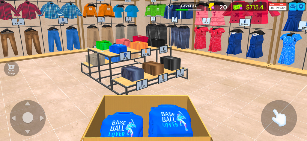 Garments Wear - Manage A Shop - Vista en primera persona de la organización y reposición de ropa en un juego de simulación de tienda minorista.