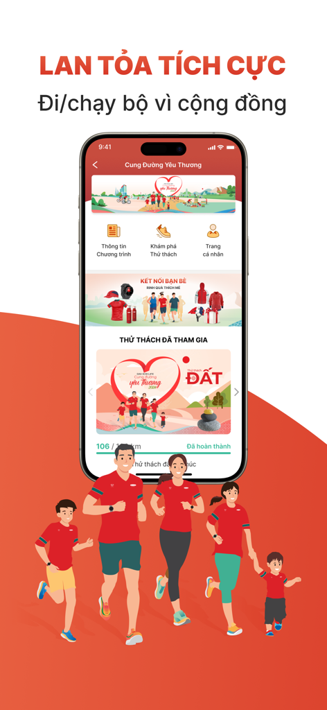 Dai-ichi Connect - Dai-ichi Connect app interface showing a walking and running community challenge with a family illustration