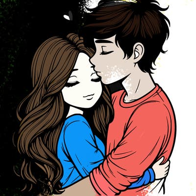 a realistic couple boy and girl hugging and kissing