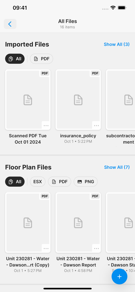 Magicplan app interface showing organized project files including PDFs and floor plan reports.