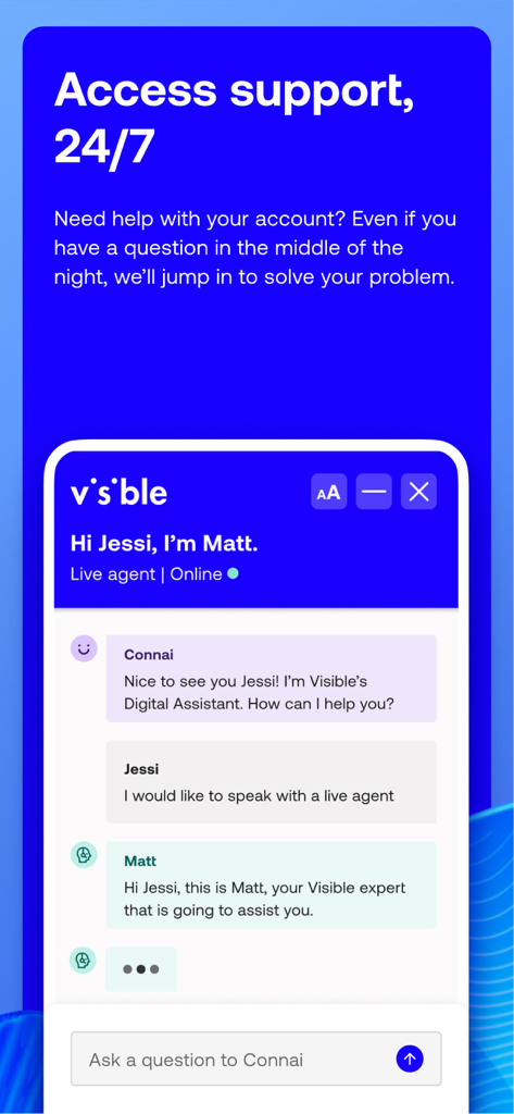 Visible mobile app interface for 24-7 live chat support with an agent