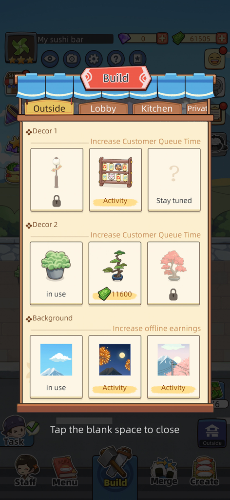 The build menu in My Sushi Story showing options to customize the restaurant exterior with plants and lanterns