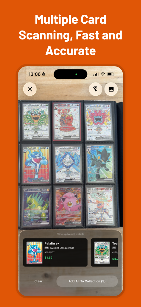 TCG Card Scanner - Pulio - Mobile app interface showing the Pulio camera scanner identifying multiple trading cards in a binder page with market prices