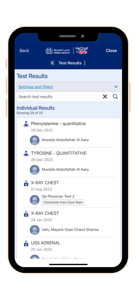 Dubai Health - دبي الصحية - Dubai Health app interface displaying a list of individual medical test results and lab reports