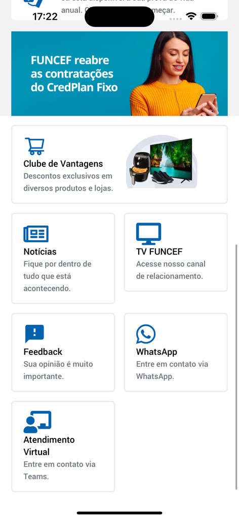 Interface of the FUNCEF mobile app showing menu options for news, services, and customer support