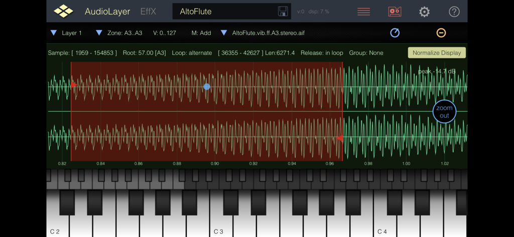 Interface do app AudioLayer mostrando edição de forma de onda e looping de sample para uma flauta contralto.