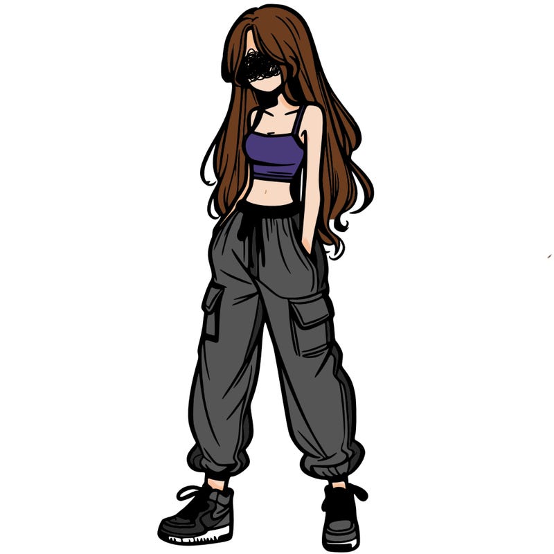 girl in baggy pants crop top and long hair