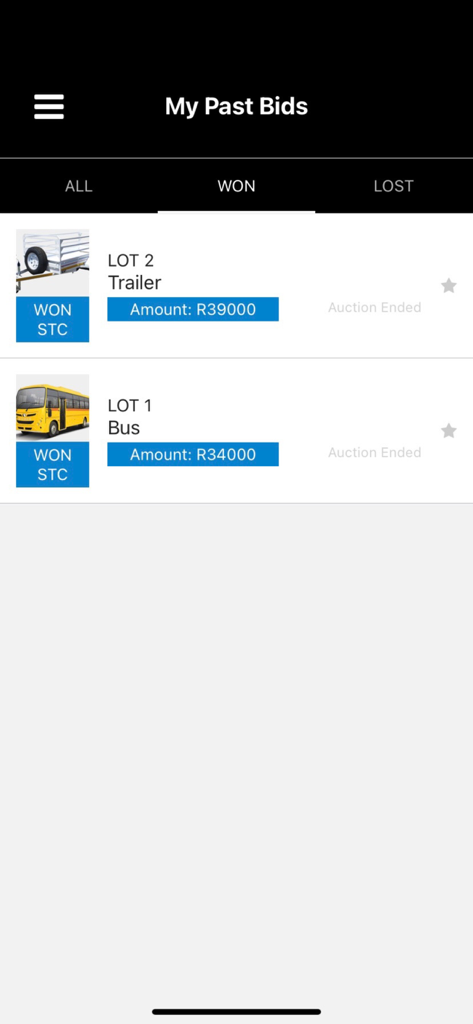 Devco Online - A screen showing successfully won auction items in the Devco Online app including a trailer and a bus