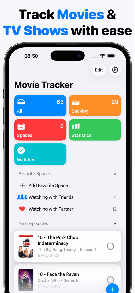 Movie Tracker: Watchlist - Pantalla del iPhone que muestra el panel de la aplicación Movie Tracker con categorías de películas y series y listas de seguimiento