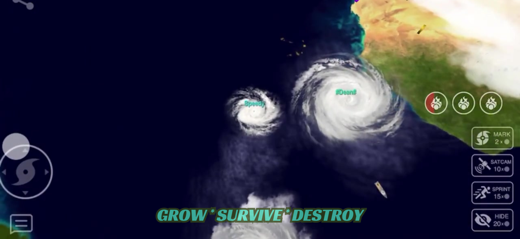 Multiplayer hurricane simulator gameplay showing storms competing on a global map