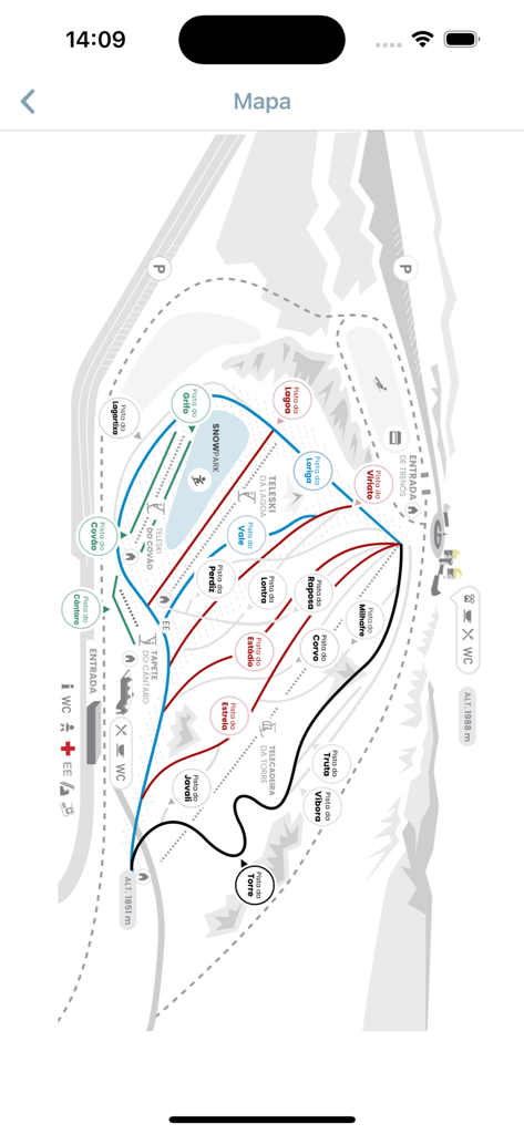 Carte de la station de Ski Serra da Estrela montrant différentes pistes de ski et installations.