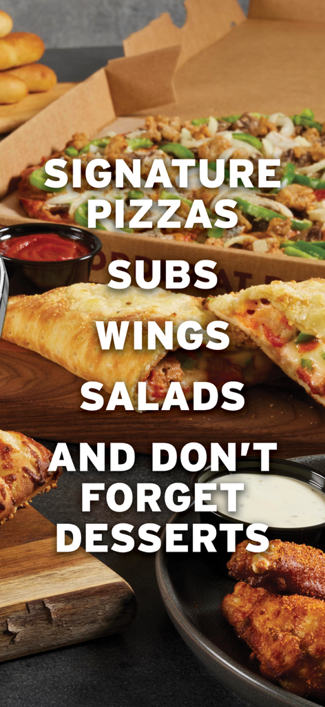 A variety of Donatos food including signature pizza, subs, wings, and salads