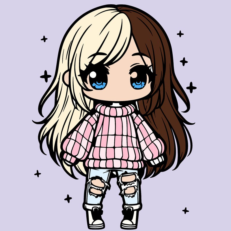 chibi girl with ripped jeans,long hair, and an oversized sweater