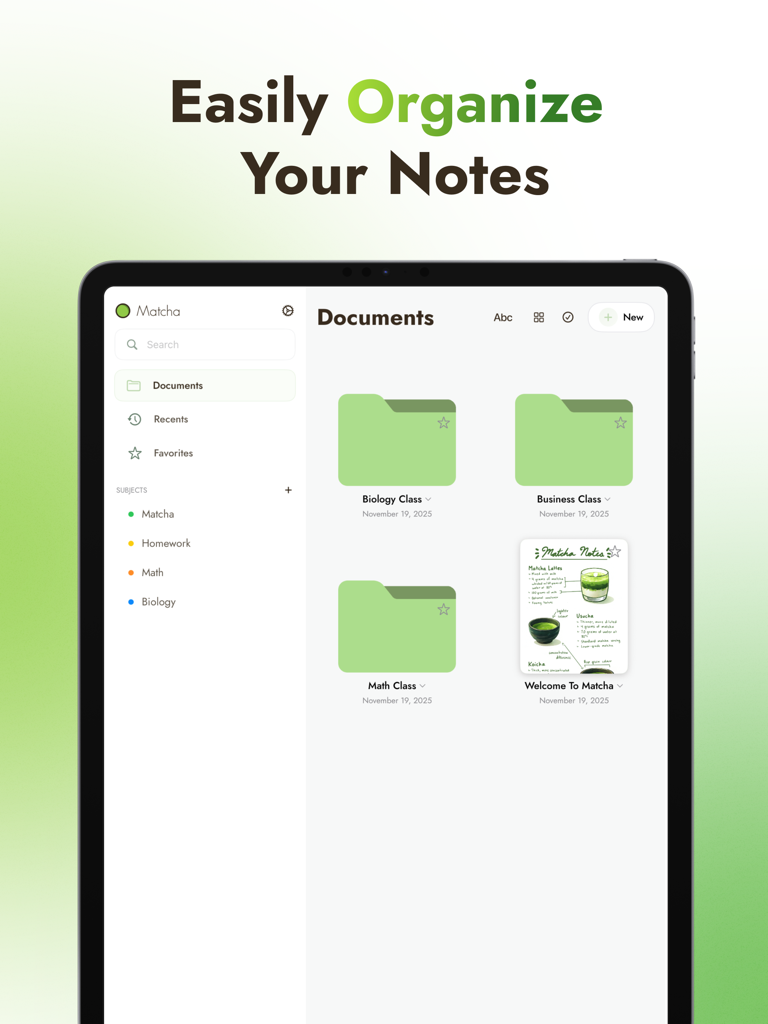 Matcha - Take AI Notes - Matcha note-taking app interface on an iPad showing organized folders for different school subjects like Biology and Math.