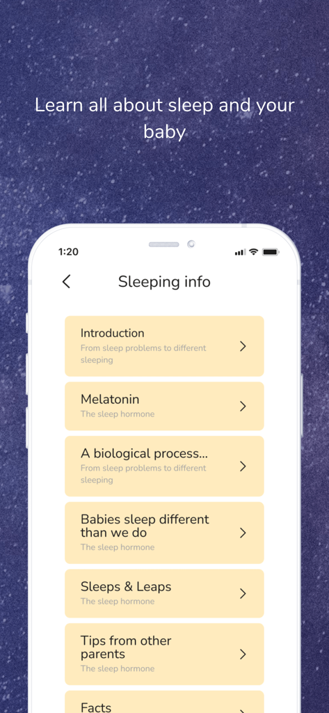 Screenshot der Wonder Weeks Baby Monitor App, der Schlaf-Informationen wie Melatonin und Schlaf-Tipps für Eltern zeigt.