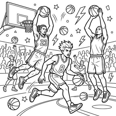 Experience the thrill of the game with this action-packed basketball players coloring page. Featuring players in mid-dunk, dribbling, and shooting, it's perfect for sports lovers of all ages.