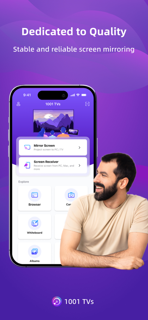 A smartphone displaying the 1001 TVs app interface with various screen mirroring and casting options.