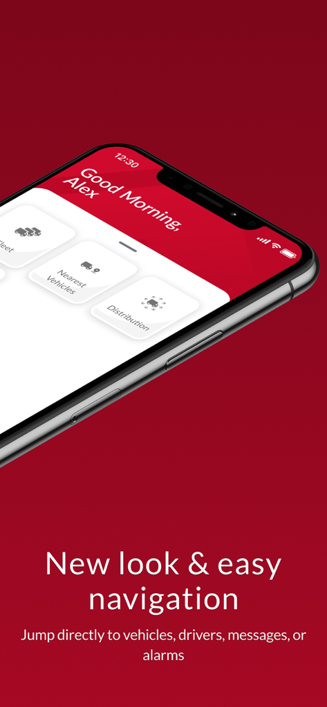 Interfaz de la aplicación Frotcom Fleet Manager en un iPhone mostrando el panel de control y el menú de navegación