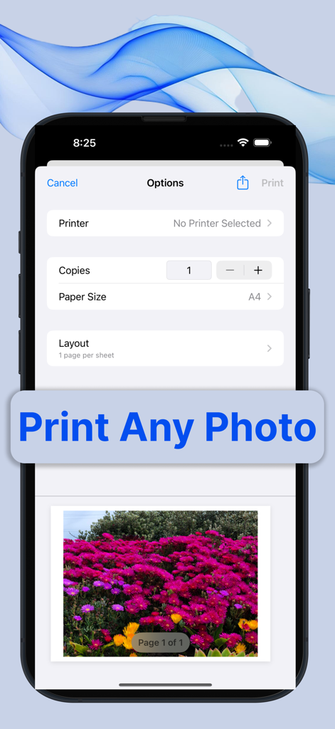 Smart Printer : Scanner App - Un smartphone mostrando la vista previa de impresión de fotos y la interfaz de configuración de la app Smart Printer.