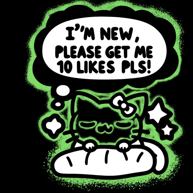 kitty taking a nap dream talking and saying "i'm new, please get me at least 10 likes pls!!"