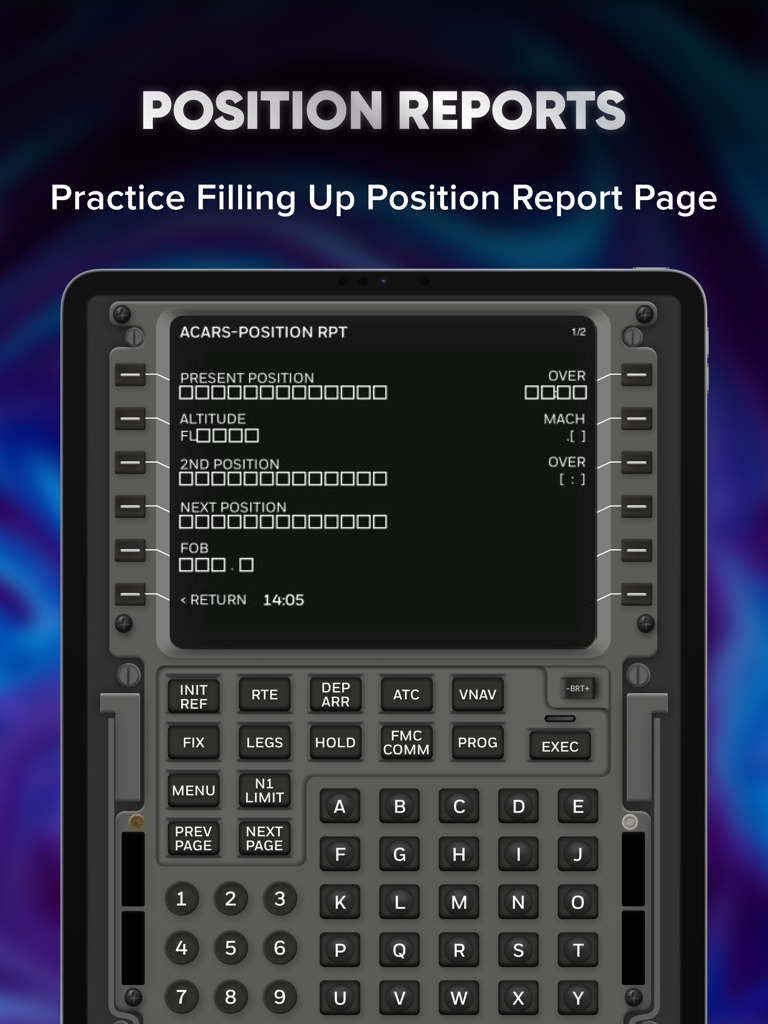 B737 FMS Trainer interface showing a digital ACARS position report screen for pilot training